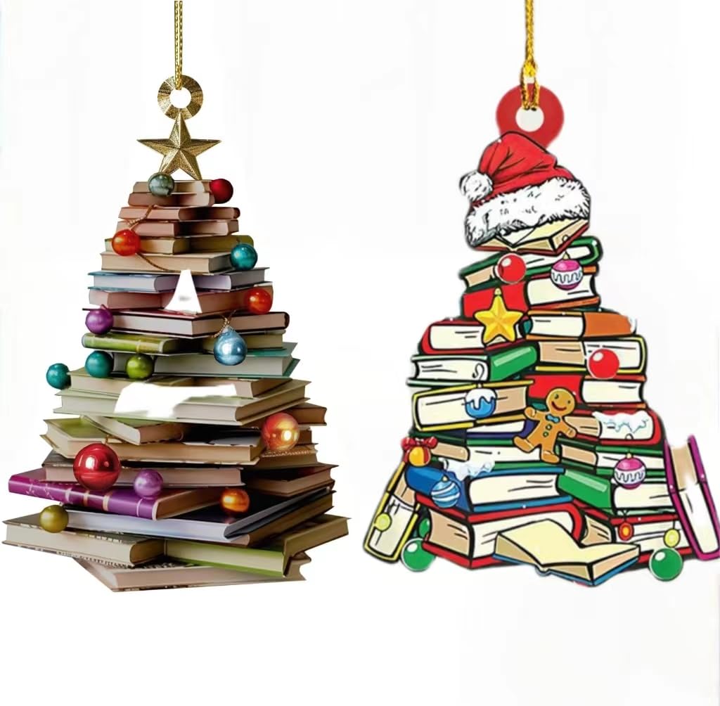 2PCS Books Lover Ornament,2D Acrylic Bookshelf Hanging Ornaments,Stars Christmas Hats Books Christmas Decorations,Suitable for Car Decoration,Home Decoration