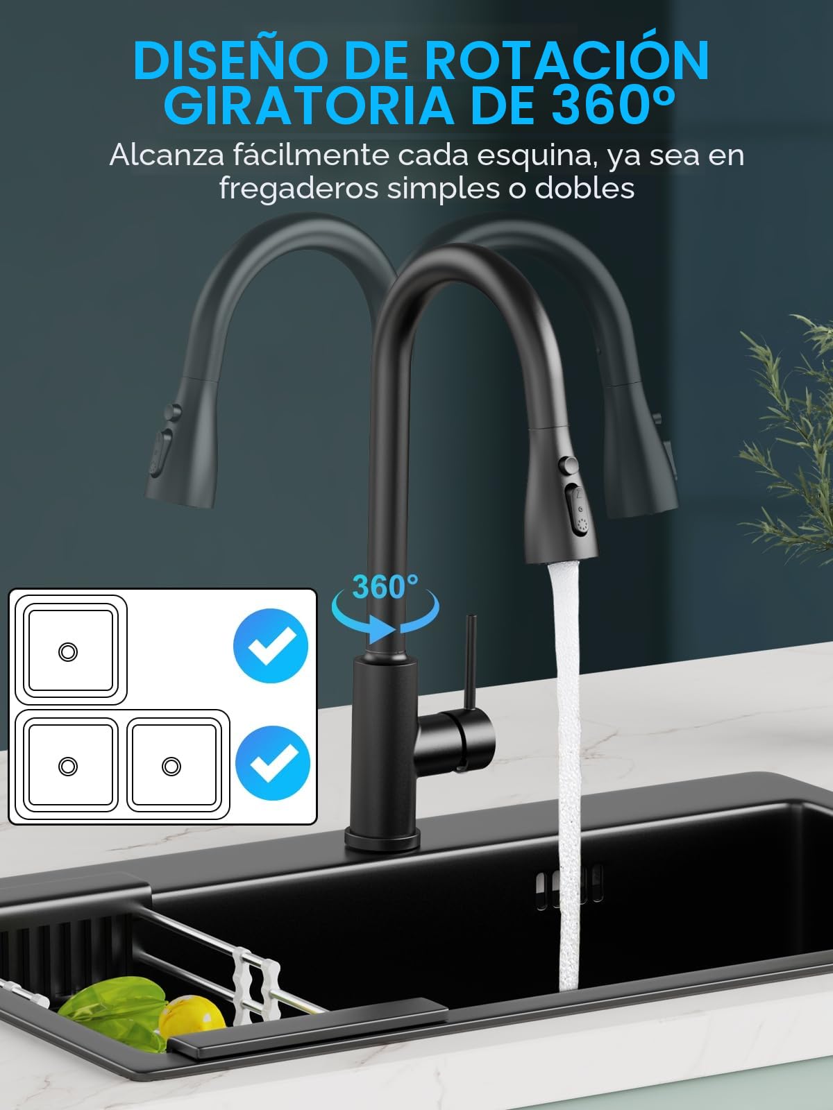 Grifo Cocina Extraible - Grifos Fregadero con Caño giratorio de 360°,4 Modos Monomando Acero Inoxidable Torneira Cozinha,Arco Alto, para Fregadero Cocina 1 Agujero,Negro