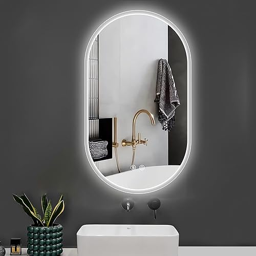 Espejo de baño inteligente de tres colores de 26 x 18 pulgadas con luz, espejo de tocador inteligente ovalado sin marco para colgar verticalmente