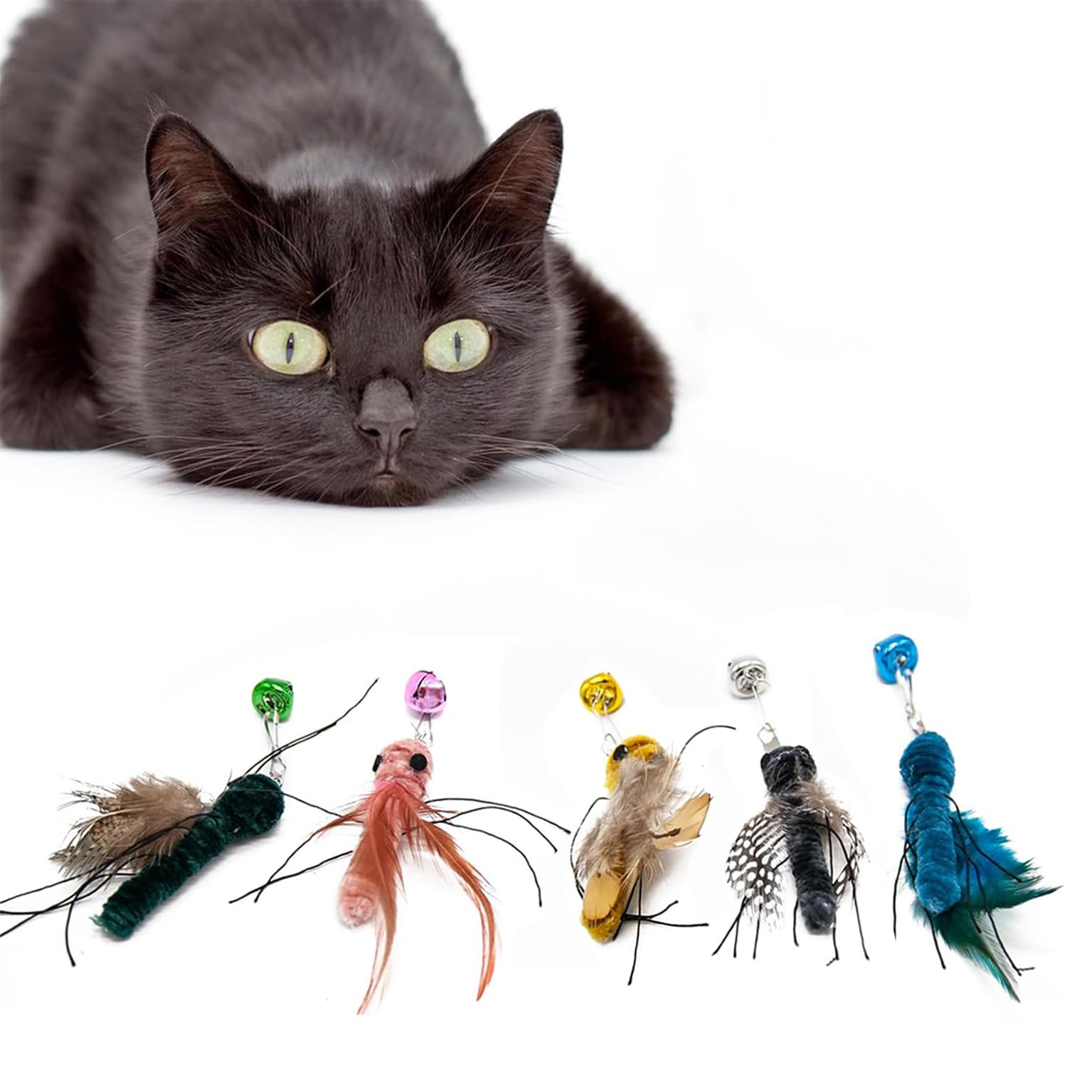 Hjvvr 5PCS Cat Wand Toy Refills - Interactive Feather Attachments with Bell & Insect Design, Teaser Replacement for Indoor Cats Kittens