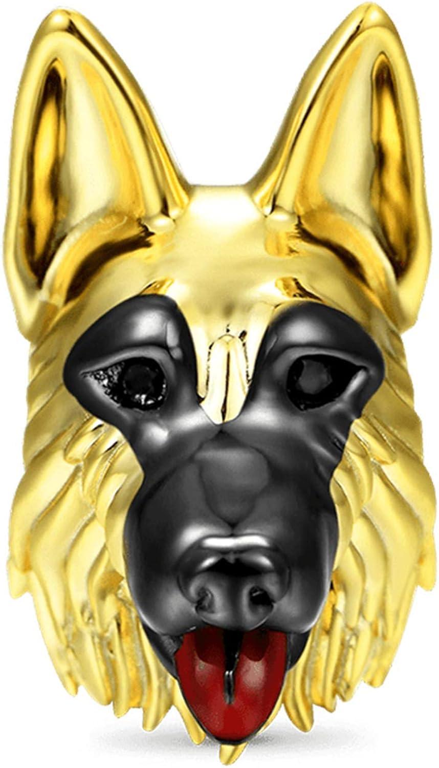 GNOCE German Shepherd Charm Bead Sterling Silver 18k Gold Plated Animal Charm Bead Fit Bracelet/Necklace Pets Charm for Women Girls