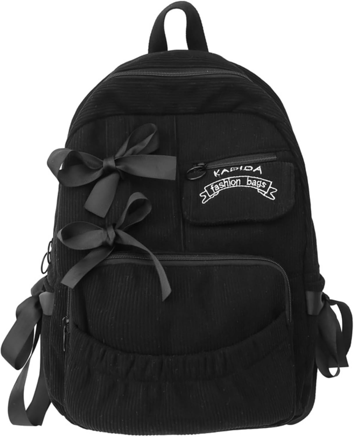 Cute Coquette Corduroy Backpack Bow Tie Large Korean Travel Book Bag College Aesthetic Preppy Daypack for Women (Black)