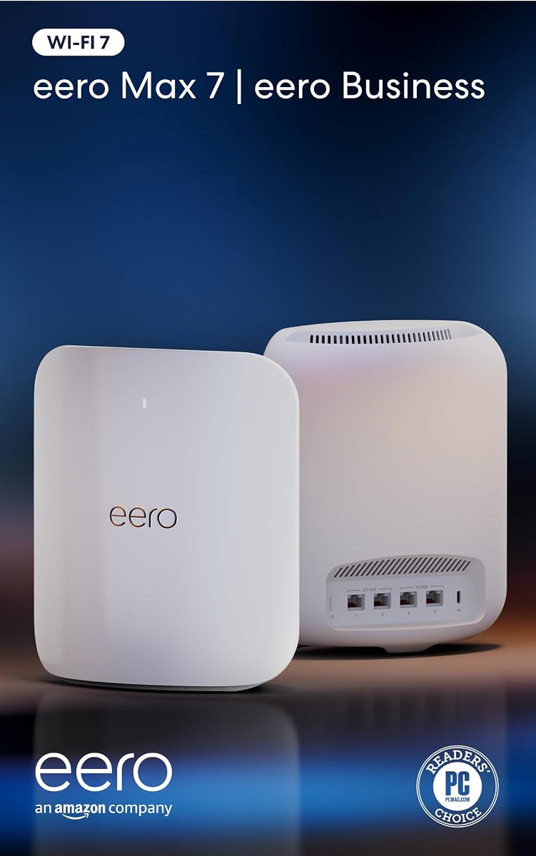 Sistema wifi en malla Amazon eero Max 7 con 1 mes gratuito de eero Business (se renueva automáticamente anualmente): admite planes de Internet de hasta 10 Gbps, cobertura de hasta 5000 pies cuadrados, conecta más de 500 dispositivos, paquete de 2
