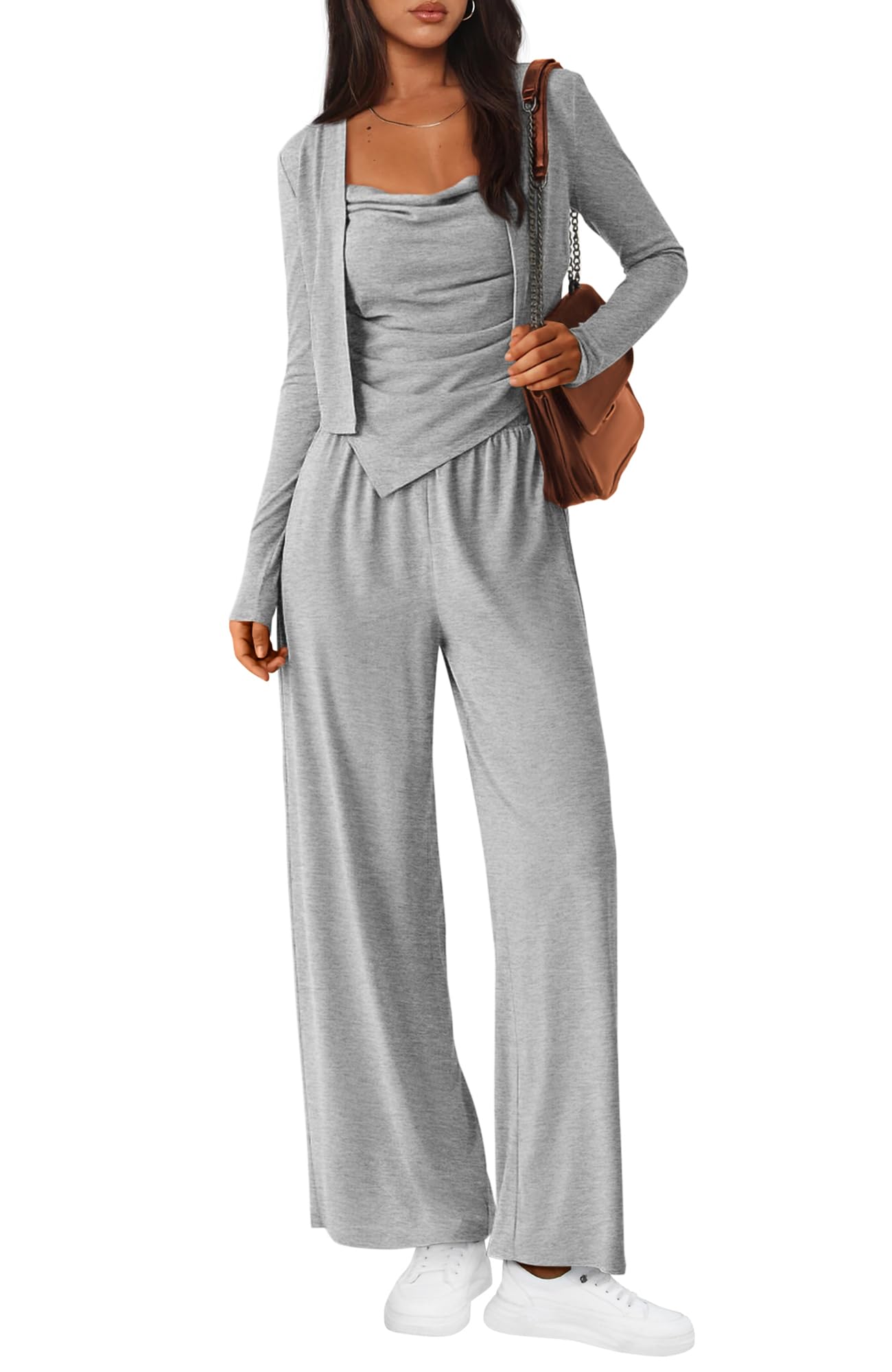 Women's Fall Lounge Sets 3 Piece Outfit Tracksuits Casual Long Sleeve Tops High Waisted Sweatpants Set