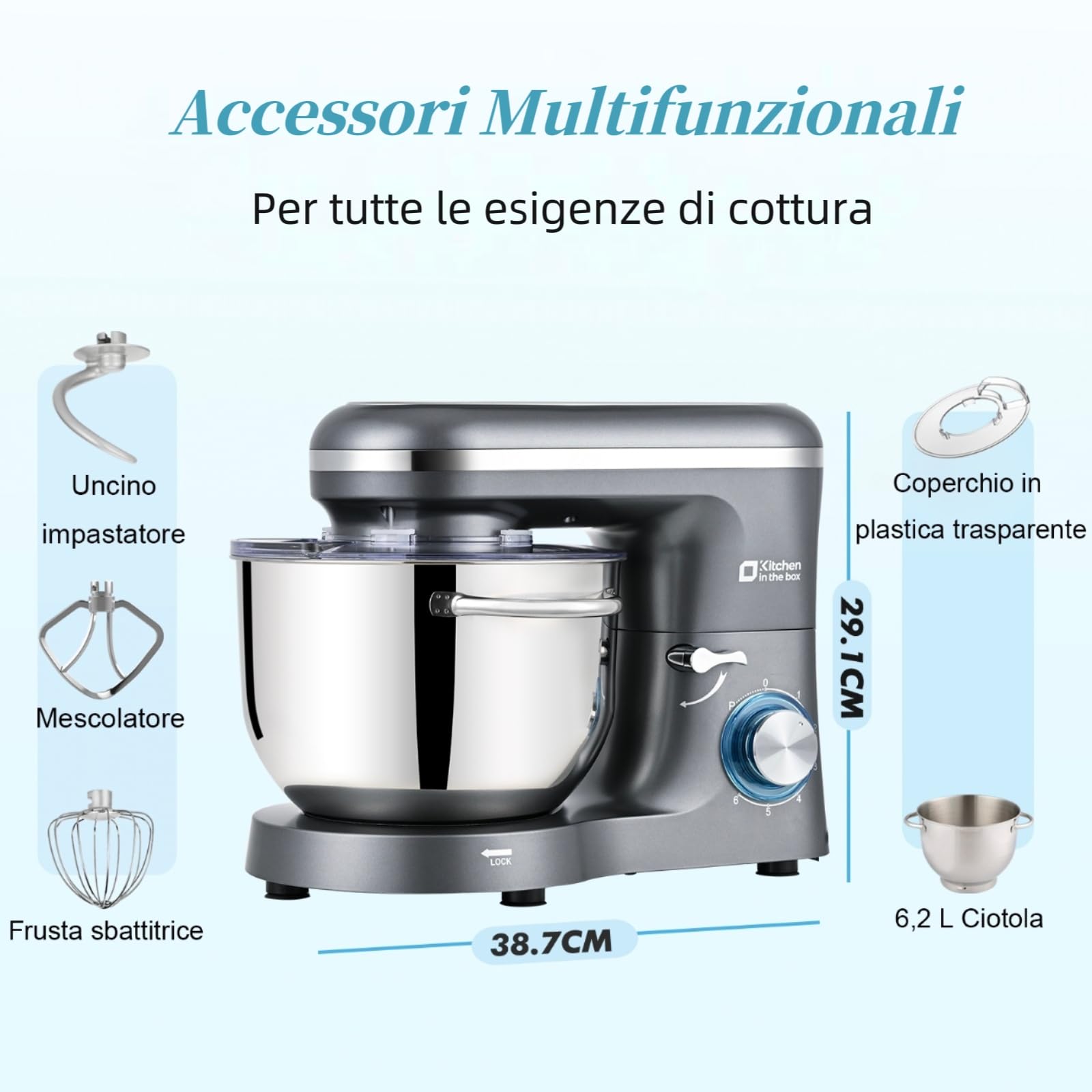 Kitchen in the box Impastatrice Planetaria, 6,2 Litri Impastatrice Professionale 1400W, 6 Velocità con Uncino Impastatore, Mescolatore e Frusta Sbattitrice (Grigio)
