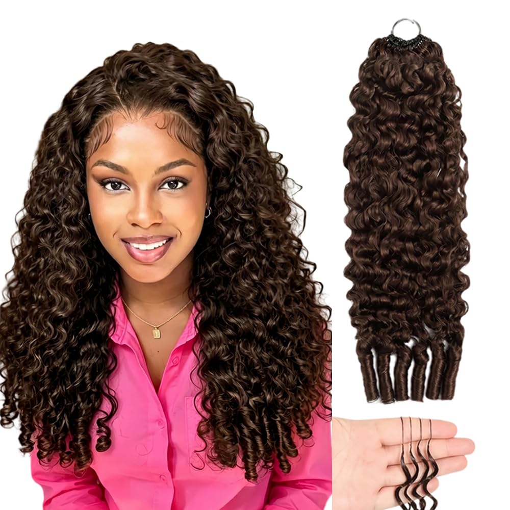 Burmese Curly Human Hair Crochet Bundles Pre-Separated Feather Crochet Human Hair Lightweight Reusable Extension de Cheveux Humains 50g 40pcs #4 Chocolate Brown for Woman 16 Inch
