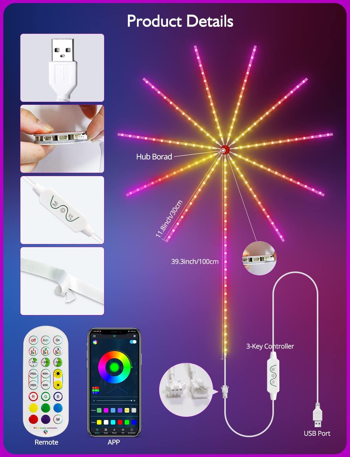 Daymeet Smart Firework Led Lights Indoor, Led Fireworks Lights Music/Mic Sync with Firework Launch Effect Remote & APP Control, RGB Color Changing Led Strip Lights for Room New Year Party Decor