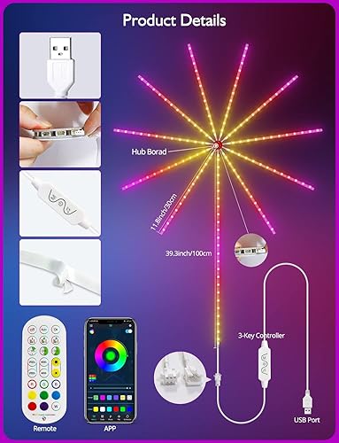 Miniatura 6 de Daymeet Luces LED inteligentes de fuegos artificiales para interiores, luces LED de fuegos artificiales con sincronización de músicamicrófono con