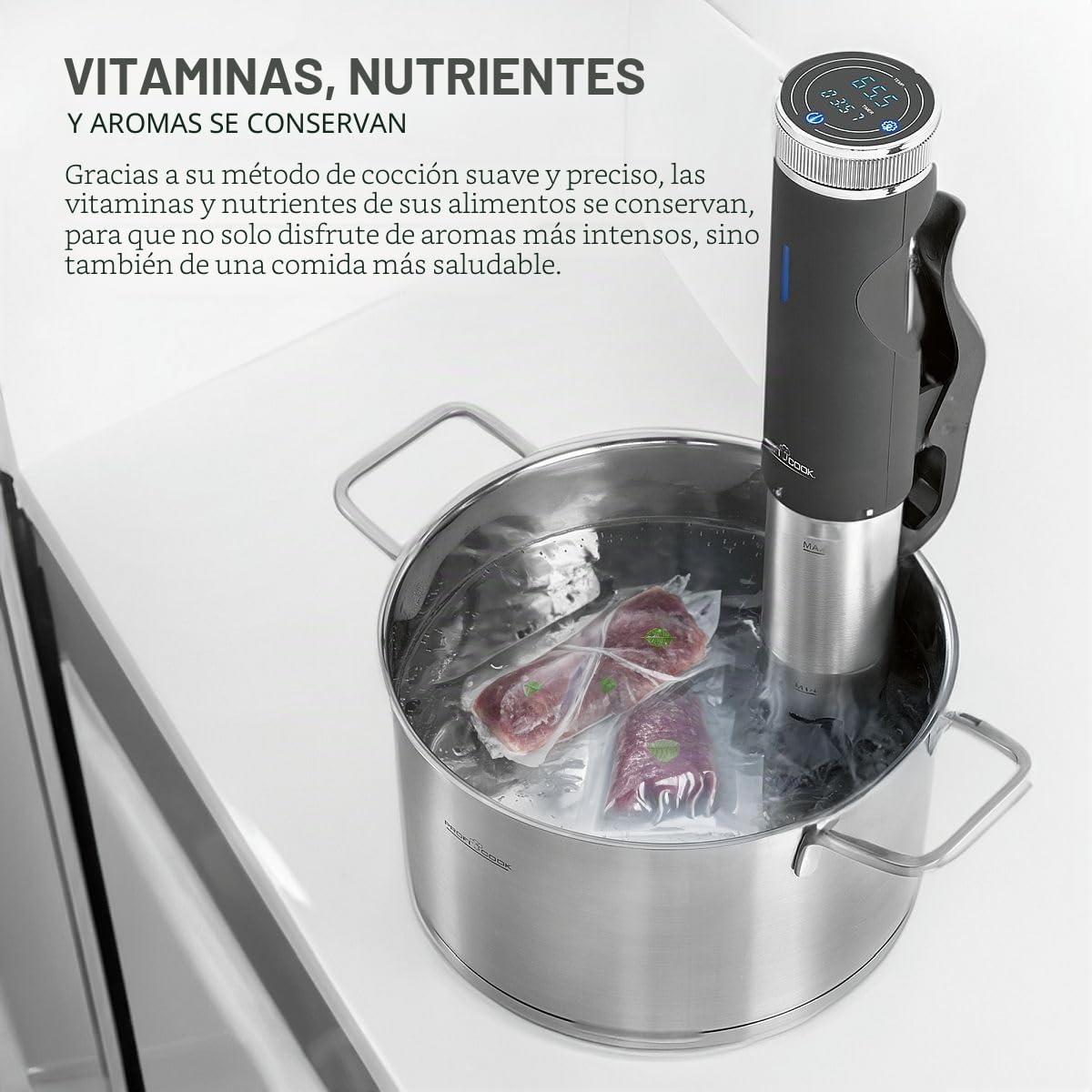 ProfiCook® Sous Vide Stick función mantener caliente y descongelar, sous vide hasta 90°C, pinza de montaje para olla de cocción lenta. Pantalla táctil, carcasa de acero inoxidable, PC- SV 1126