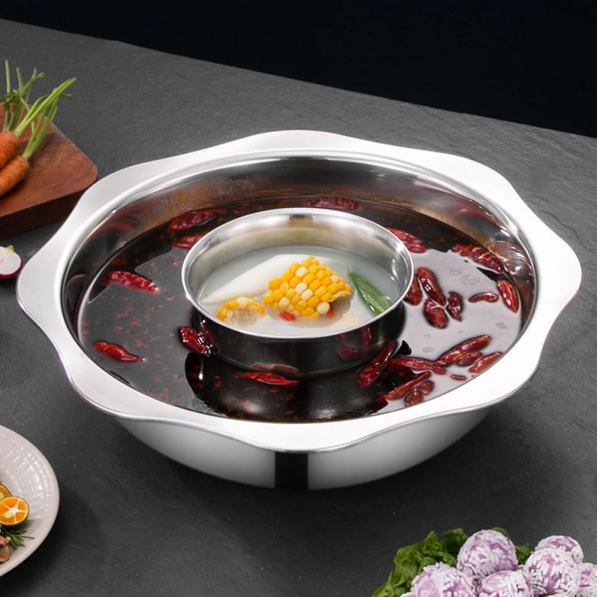 Hotpot Pot Fast Heat Conduction Two-flavor Stainless Steel with Divider Hot Pot Even Heating Easy to Clean for Home Use for Family and Friends Gatherings