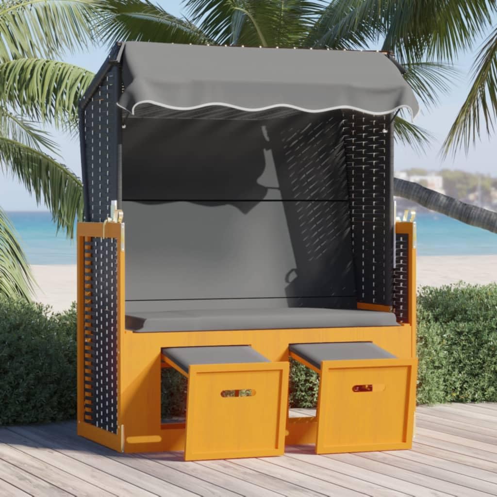 Willood Strandkorb mit Dach Poly Rattan & Massivholz Schwarz Anthrazit