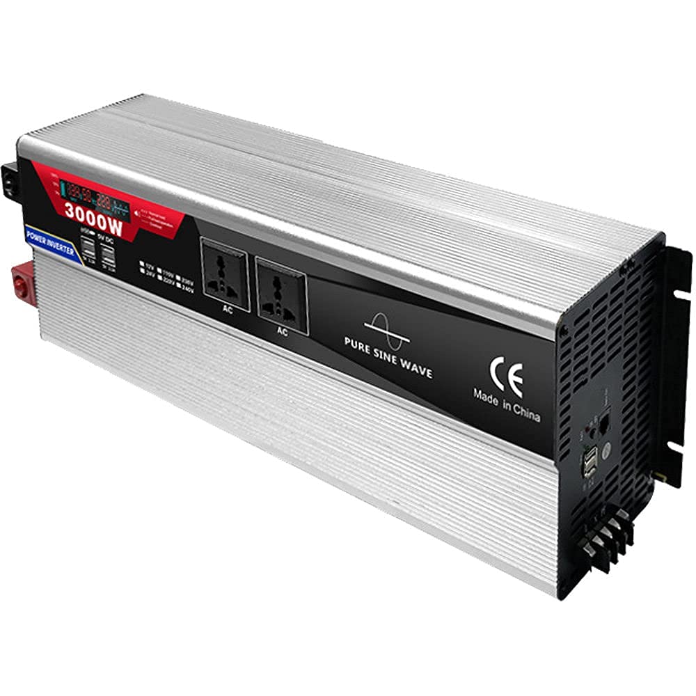 RajoNN Inversores de Corriente 2000W 3000W 4000W 6000W Inversor de Onda sinusoidal Pura Pico 12V 24V CC a 110V 220V AC Inversor de Corriente para automóvil con Control Remoto 2 Salidas de CA 6