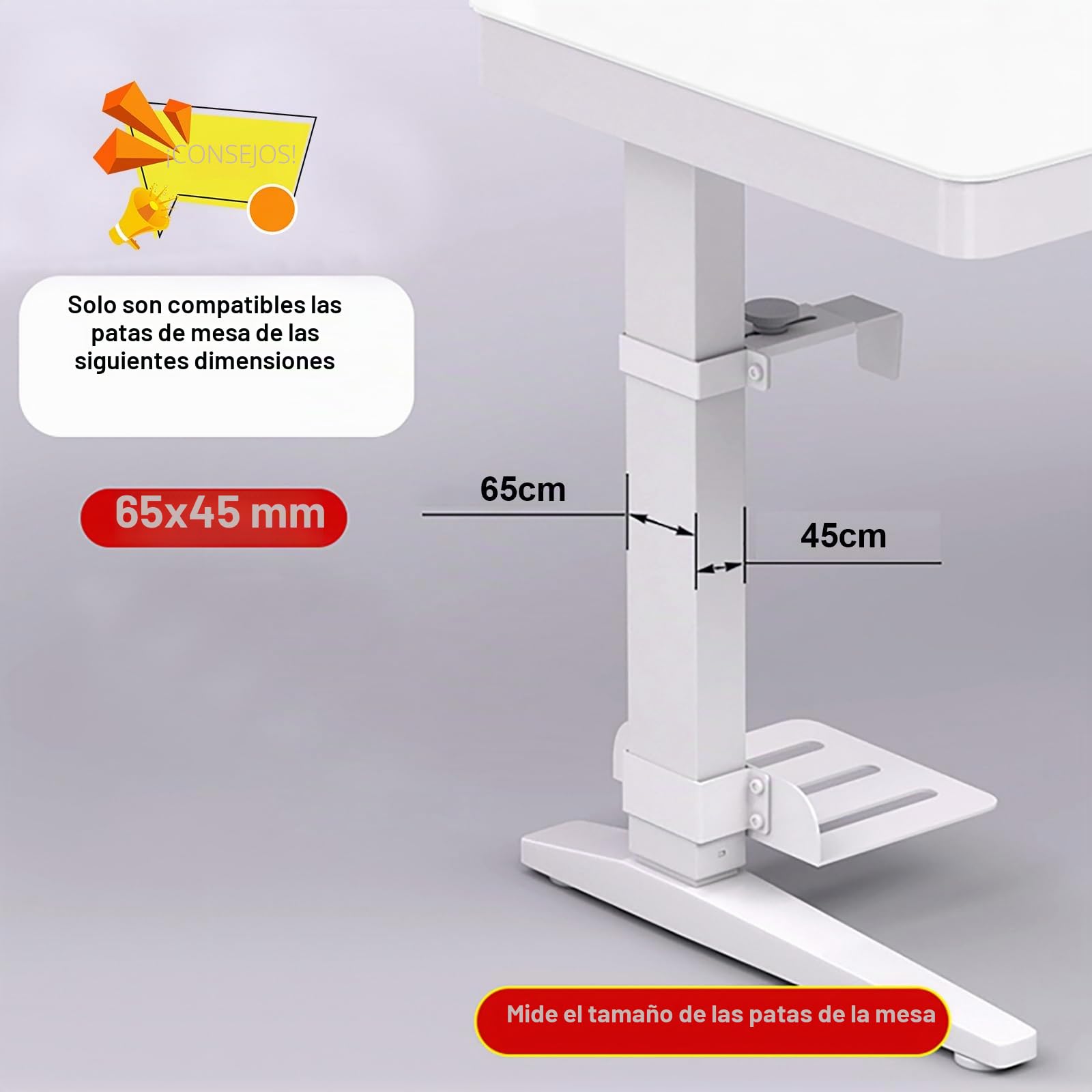 Soporte PC Bajo Escritorio, Instalación sin Taladros, Resistente hasta 18 kg, Ajustable en Altura y Anchura, Soporte Torre PC Bajo Mesa para Escritorios de Pie (Patas de Mesa de 65 x 45 mm) Blanco