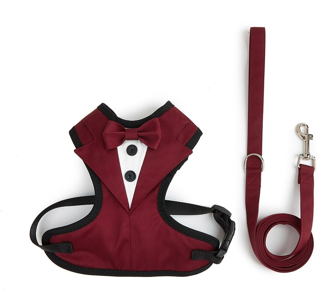 Dog Tuxedo Harness, Adjustable Pet Harness No Pull for Small Medium Dogs, Doggie Wedding Suit with Bow Tie Party Costume (Wine Red, XXL)