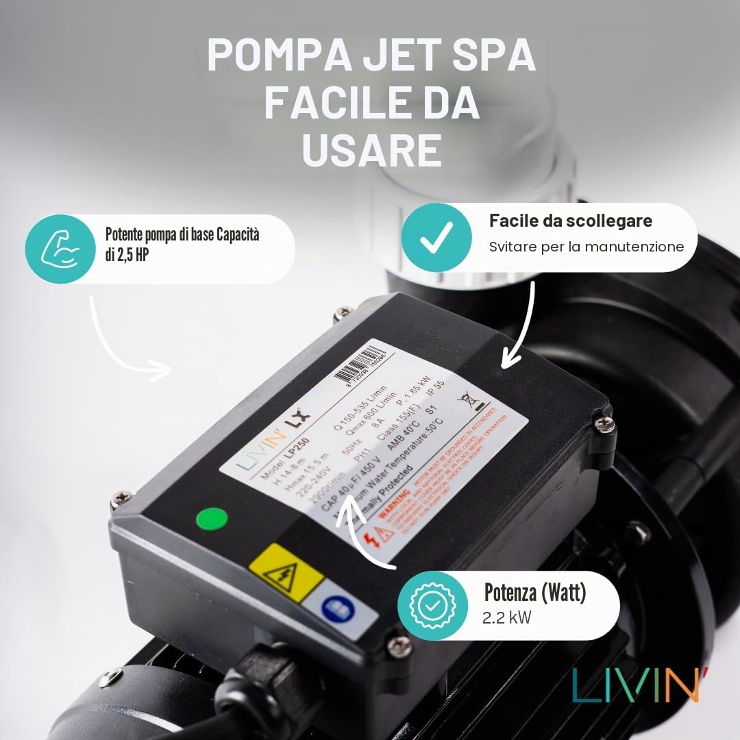LIVIN LP250 - Pompa per vasca idromassaggio, 1,85 kW/2,5 HP e 600 l/min, pompa per piscina da terra con 230 V/50 Hz e pompa jet, senza rumore