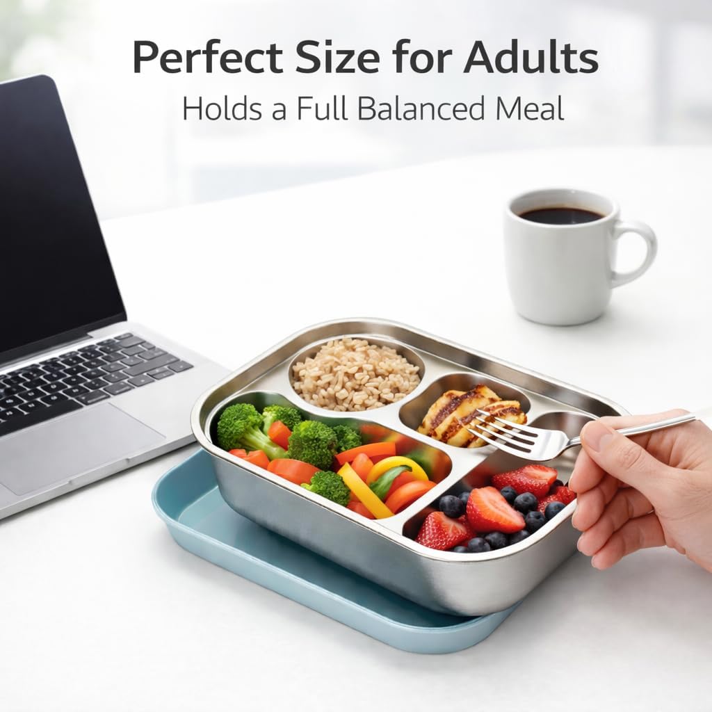 WALKA Stainless Steel Lunch Box for Adults – Leakproof 4 Compartment Metal Bento Box with Insulated Lunch Bag, 304 Food Grade Steel, BPA-Free, Dishwasher Safe (Blue)