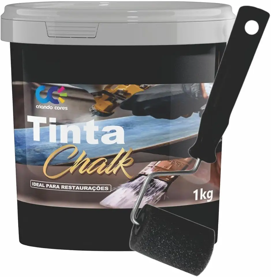 Tinta Chalk Universal 1,0Kg + Rolinho de 5cm Adere Qualquer Superfície Sem Primer (Preto)