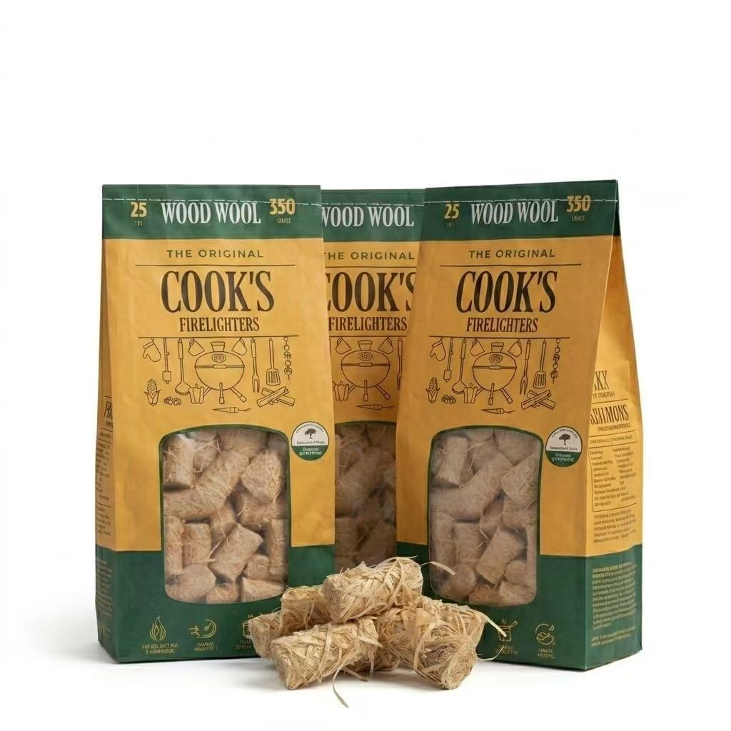 3-Pack, 3x25pcs Cook's Wood Wool Firelighters 25pcs, 350g - Natural Long Burning Fire Starters, Small Compact Pack for BBQ, Stoves and Campfire (3-Pack, 3x25pcs)