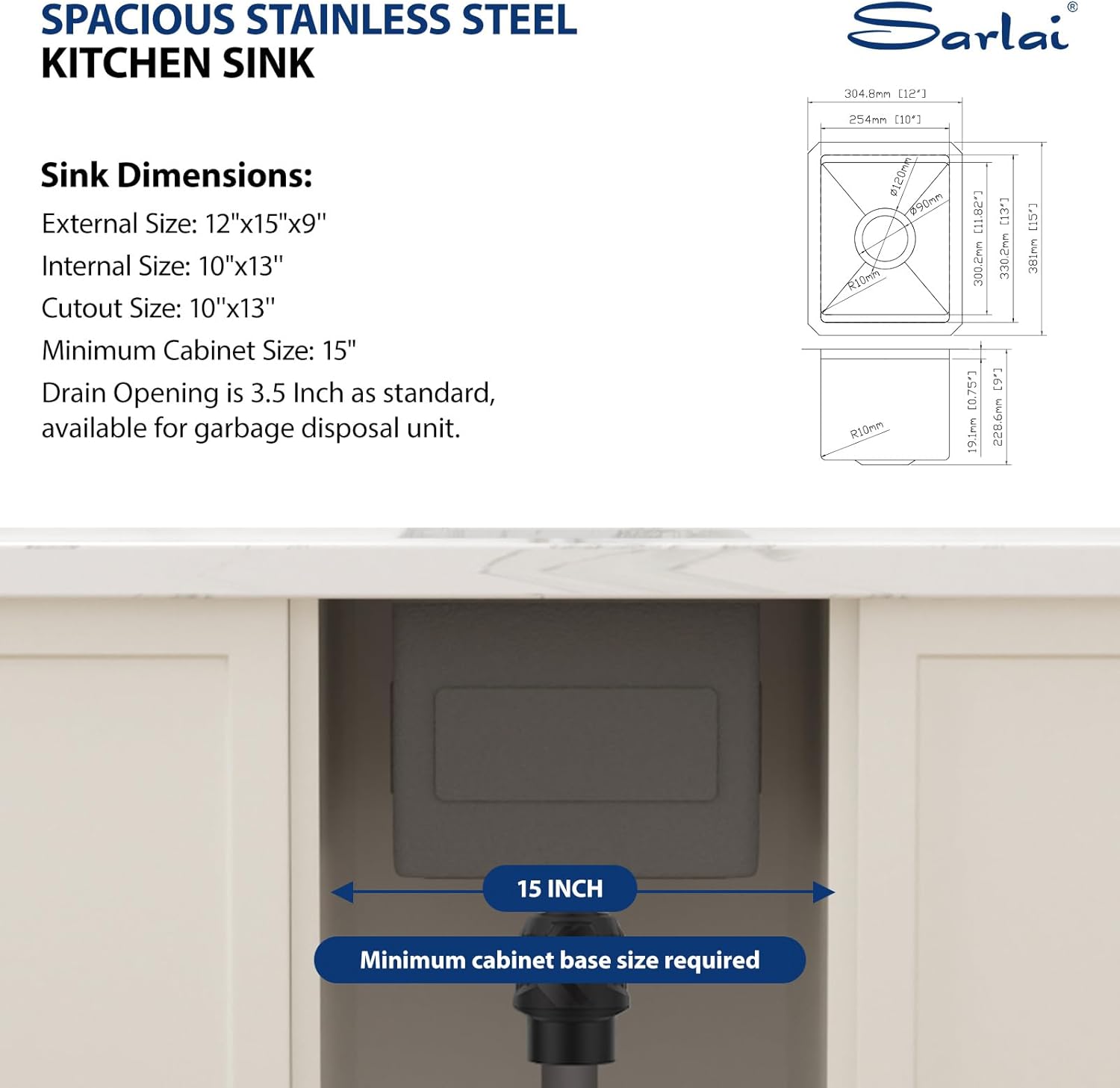 Sarlai 12 Bar Sink Undermount - 12 x 15 Inch Workstation Bar Prep Sink Undermount Single Bowl Tight Radius 16 Gauge Stainless Steel RV Sink Kitchen Sink Basin