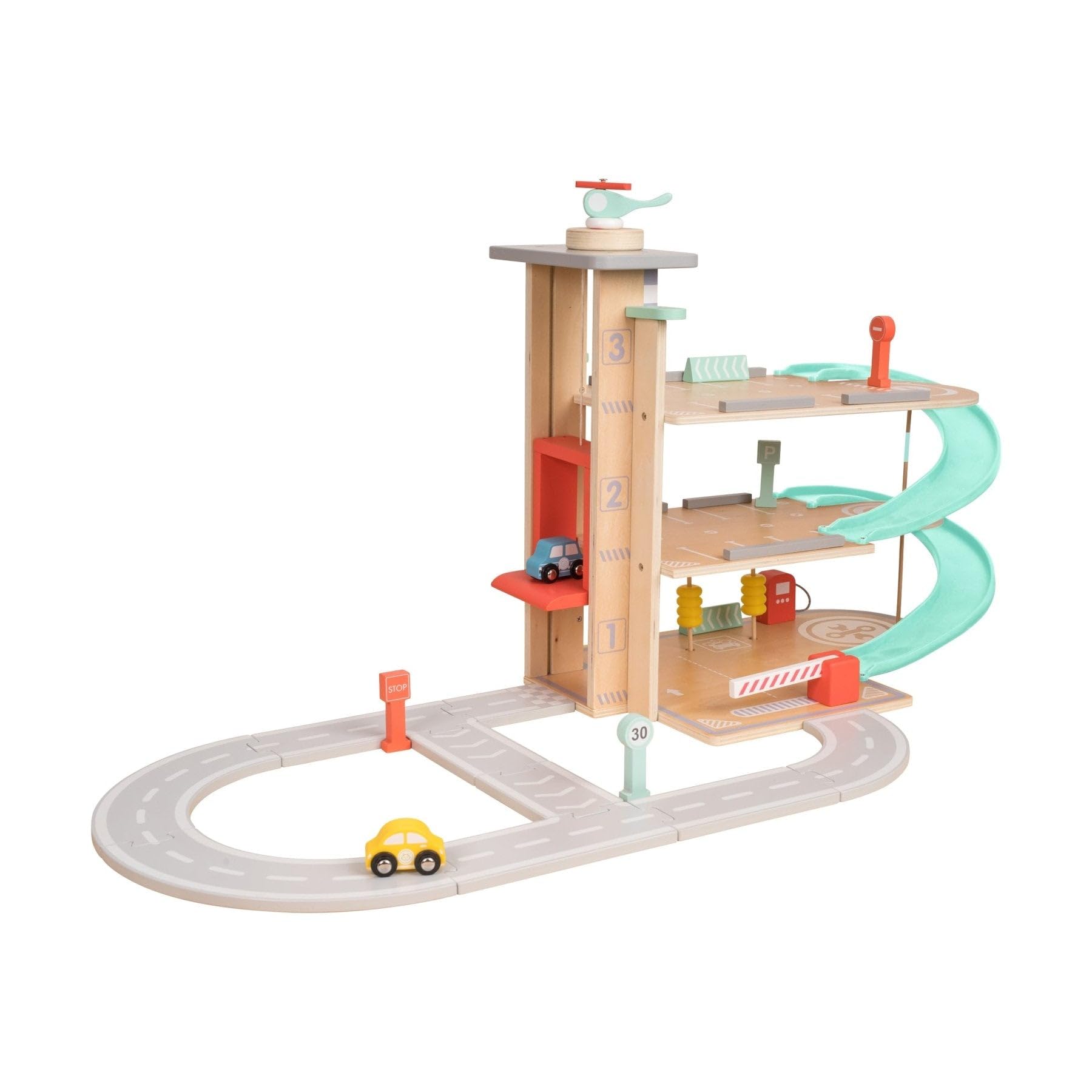 Traditional Wooden Play Garage, Three Tier Garage with Ramps, Petrol Pump, Car Wash, Parking Barrier, Cars, Helicopter and Accessories, Interactive Imaginative Role Play
