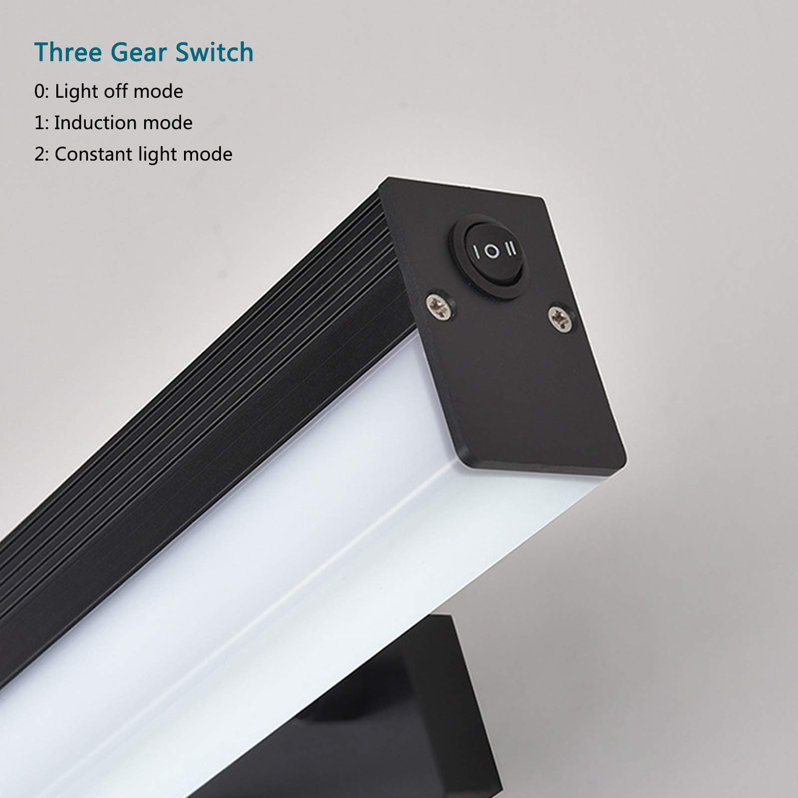 Luces de espejo de baño con interruptor, luz frontal de espejo de tocador LED negro con sensor de movimiento y cabezal de lámpara giratorio de 180 °, luz de maquillaje de metal de 3000 K para tocador