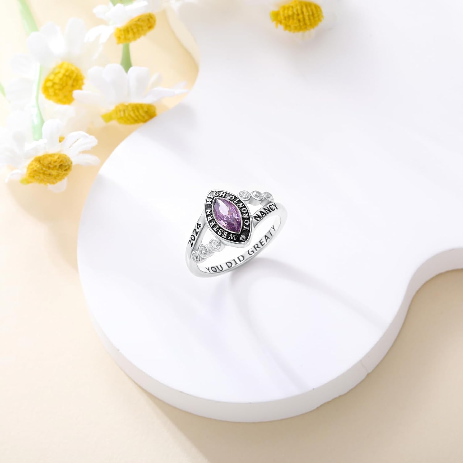 10K/14K/18K Gold/Sterling Silver Class Ring for Women Customized High School College Ring Personalized Birthstone Ring Size 4-15 Graduation Ring Engraved Name