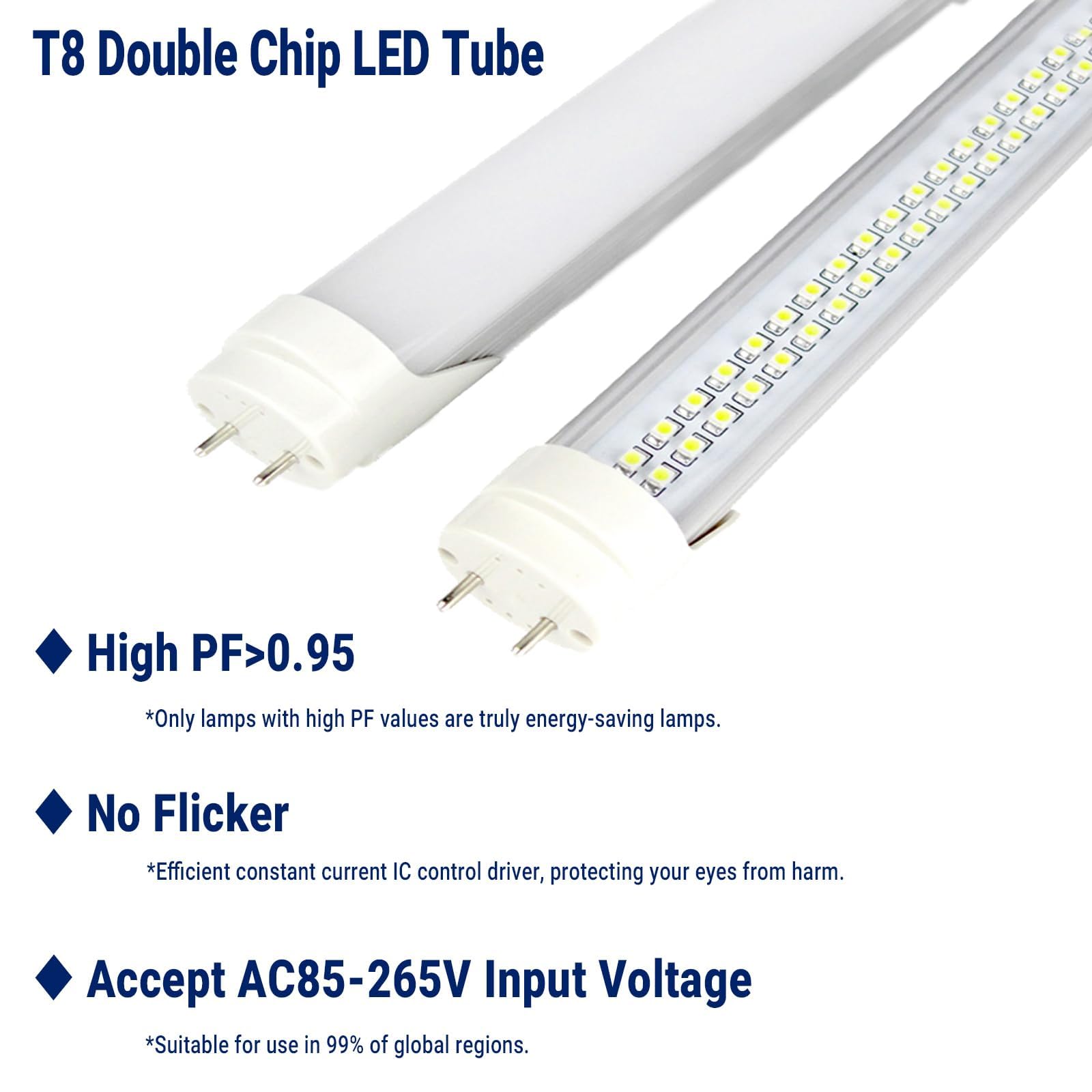 120CM 36W / 20W T8 Double puce conduit Tube, Haut PF Flicker-Free, Interface G13, Remplacez les tubes fluorescents, Pack de 6 (Blanc chaud 3000K, 1.2M 20W Couverture laitière)