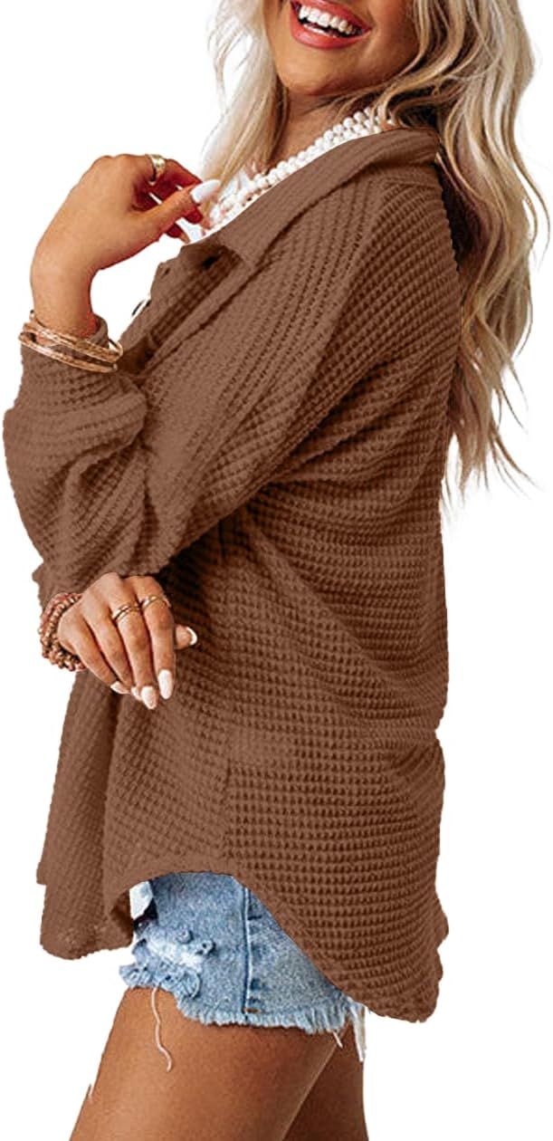 Beaully Womens Waffle Knit Long Sleeve Button Down Shirts Casual Lightweight Shacket Dressy Blouses Tops - Image 3
