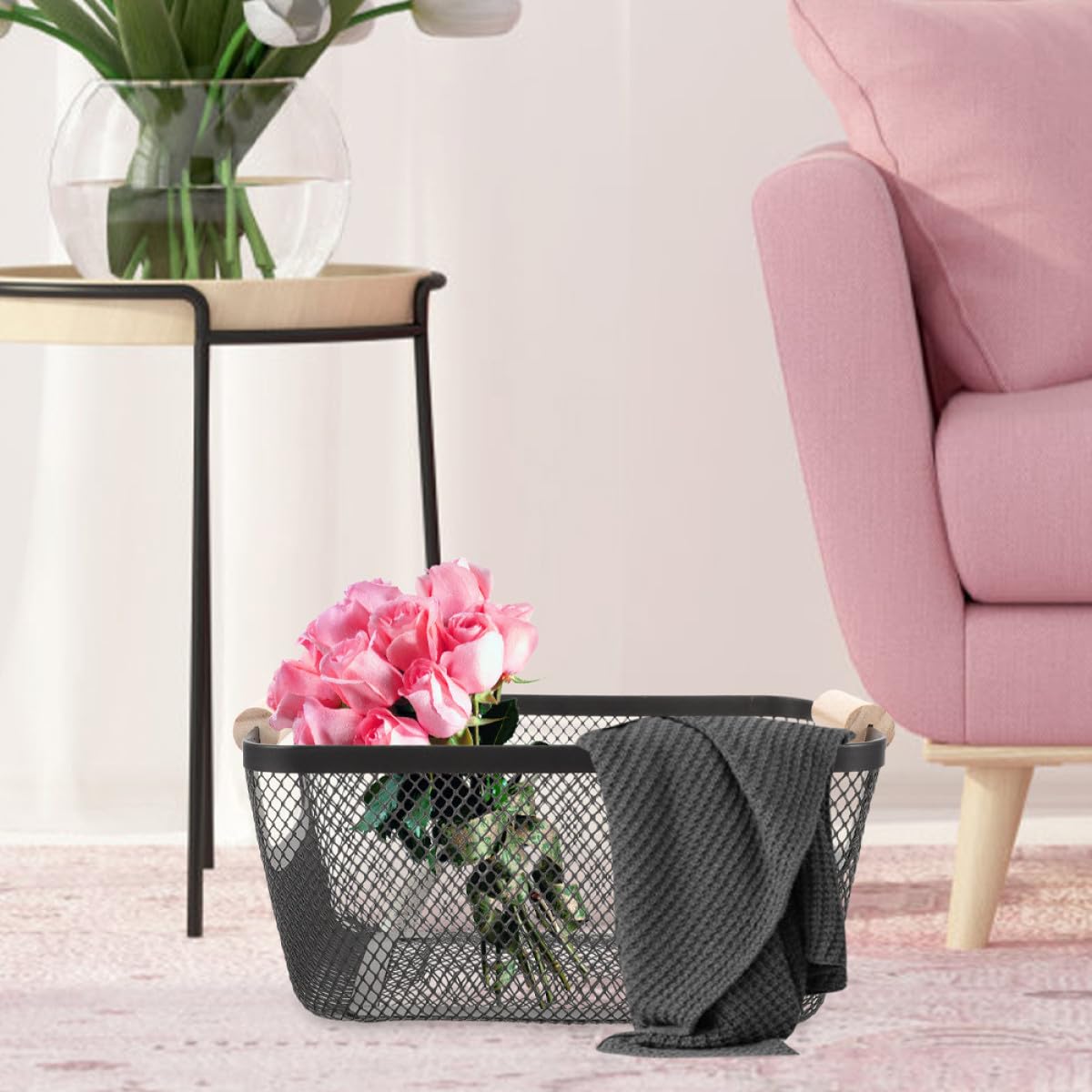 INOOMP Cesta de Gran Capacidad Rectangular de Metal Mango de Madera Estilo Nórdico para Almacenamiento y Organización en Baño y Estantes