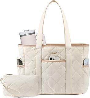 LOVEVOOK Puffer Tote Bag for Women with Cup Holder,Work Tote Bag with Zip, Quilted Nurse Teacher Shoulder,Gifts for Her
