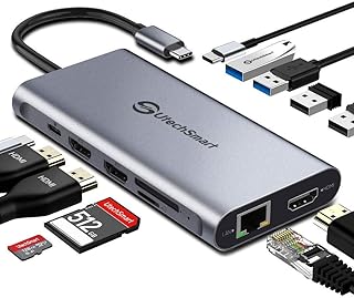 USB C Hub, USB C Docking Station, UtechSmart Triple Display 12 in 1 Type C Laptop Adapter(Highest Support 4K@30HZ) for MacBook and Windows(3HDMI PD3.0 SD TF Card Reader Gigabit Ethernet 4USB Ports)