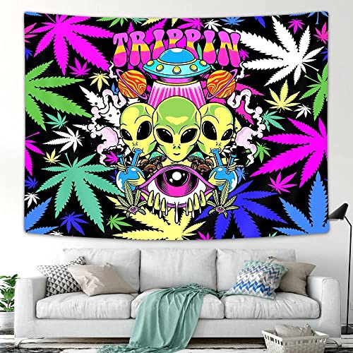 Uokiuki Trippy Cool Alien Weed Tapestry, Psychedelic Mushroom Ufo Marijuana Leaf Tapestries For Men, Colourful Aesthetic Wall Tapestries For Bedroom Dorm Living Room, 60X40 #TOP2