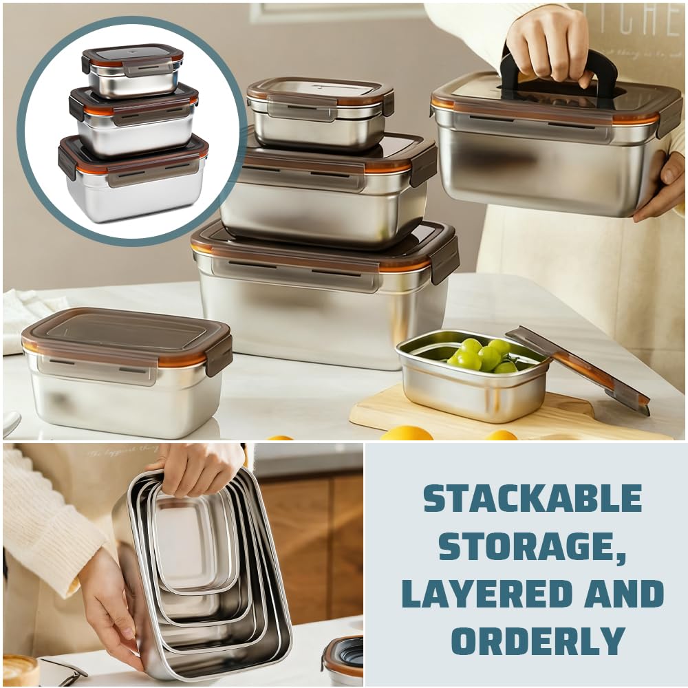 4Pz Contenitori Salvafreschezza in Acciaio Inox Contenitori per Alimenti con Coperchio 550/1100/1900/3500ML Contenitori Ermetici per Alimenti per Scuola Lavoro Picnic Lavastoviglie Frigorifero