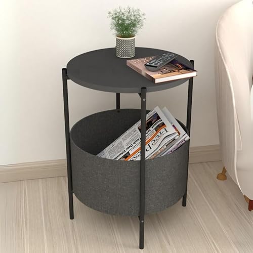 URBNLIVING Round Wooden Side Table with Storage Bag and Metal Frame Living Room Decor Stylish Design Durable Construction Ideal for Modern Homes (Anthracite)
