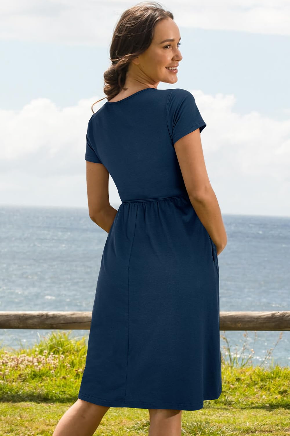 OUGES Robe de Maternité D'été pour Femme Robe d'allaitement Décontractée à Col en Vet Poches