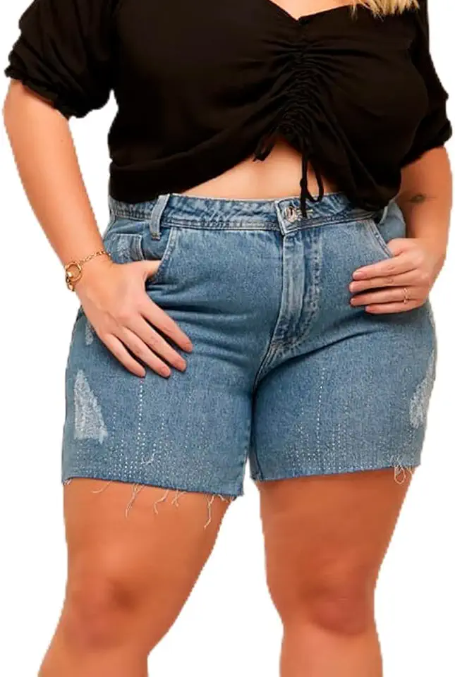 Shorts Jeans Feminino Plus Size, Cintura Alta, Destroyed, Barra Desfiada