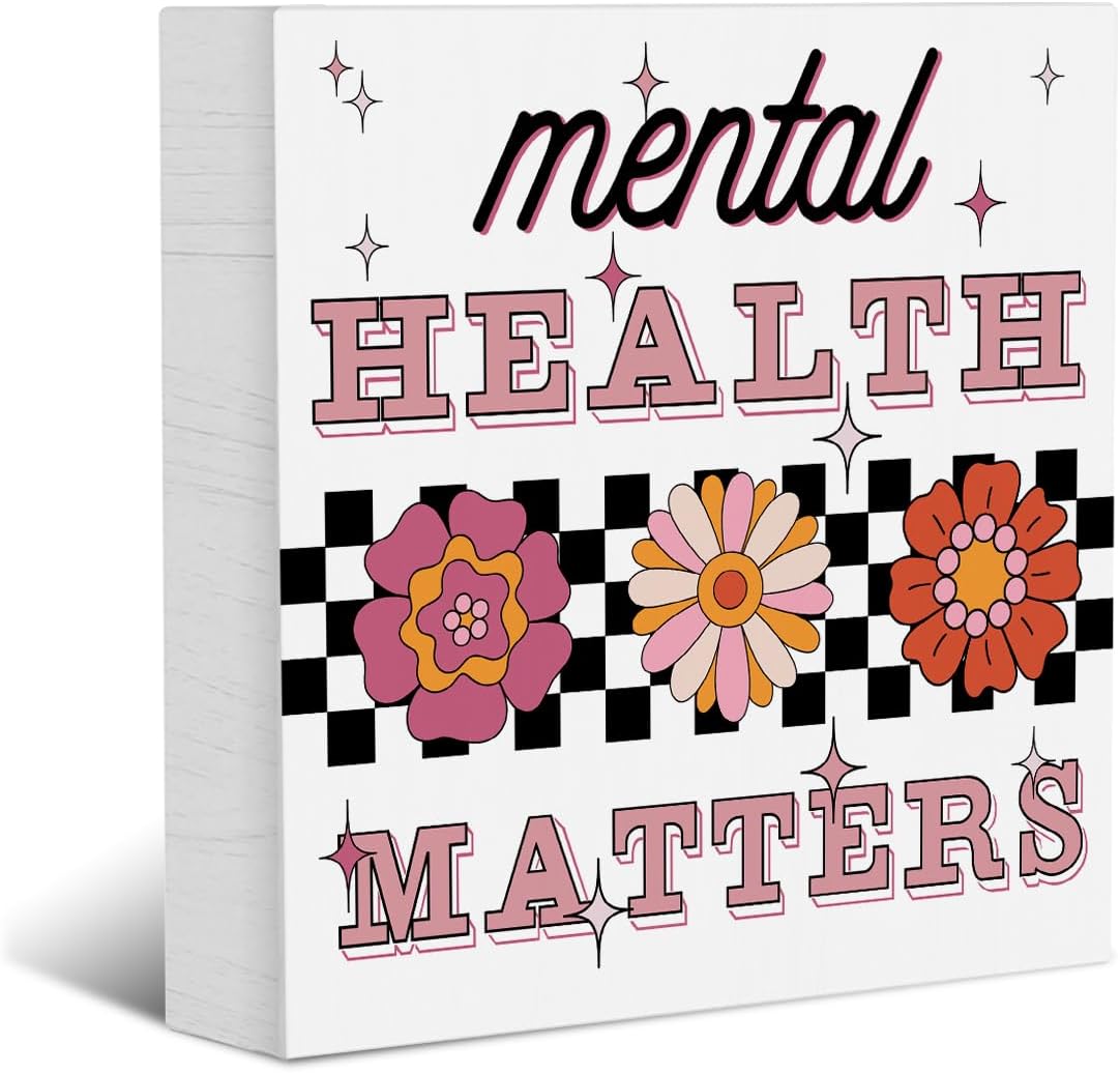 YYDS Mental Health Home Office Farmhouse Decor Wooden Box Sign Positive Gift for Psychologists, Doctors, Counselors, Self-Lovers - Modern Style, 5 x 5 Inches