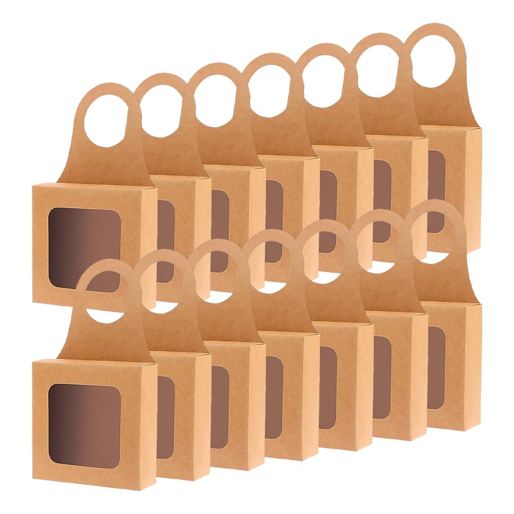 HugeDE 20 Pcs Foldable Wine Bottle Boxes with Window Kraft Paper Wine Bottle Boxes Hanging Gift Boxes Empty Bottle Hanger Favor Box for Champagne Chocolate Cookie Boxes Brown