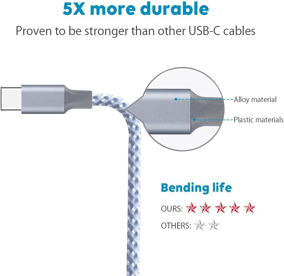 USB Type C Cable 5Pack (3/3/6/6/10FT) Nylon Braided USB C Cable Fast Charger Charging Cord Compatible Samsung Galaxy S9 S8 Note 9 Note 8 Plus,LG V30 G6 G5 V20,Google Pixel, Moto Z2 and More