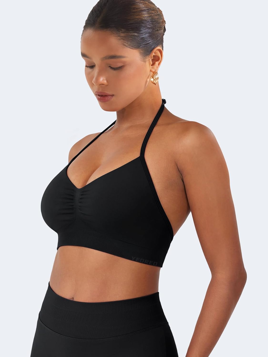 YEOREO SoftHue Women Halter Sports Bra Impact Longline Strappy Bra V Neck Padded Open Back Workout Gym Crop Top - Image 5