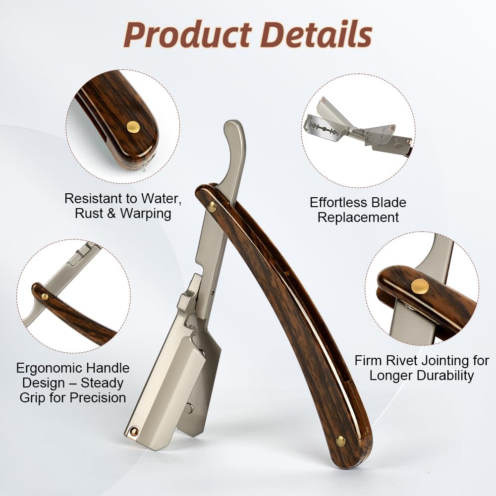 Beugo Navaja de Afeitar Hombre, Straight Edge Razor Barber, navaja de barbero, Cuchilla de Afeitar de Barbero Acero Inoxidable, Kit de Afeitado Clásico para Barba y Bigote con bolso PU — view 7