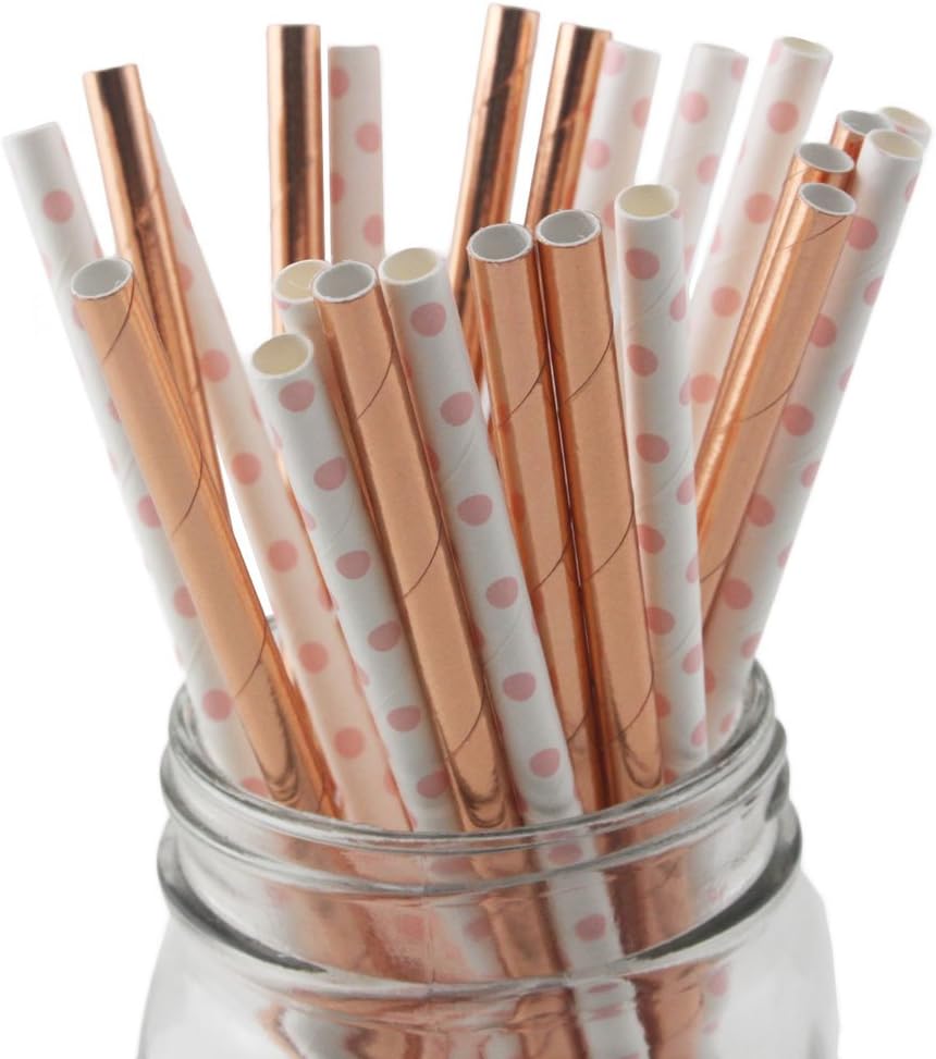 SSORA Disposable Drinking Paper Straws Biodegradable Rose Gold and Pink Polka Dot Pack of 100 for Party Decorations