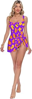 Spots Women's One Piece Swimwear, Wide Strap Removable Skirt Swim Dress, Tummy Control, S