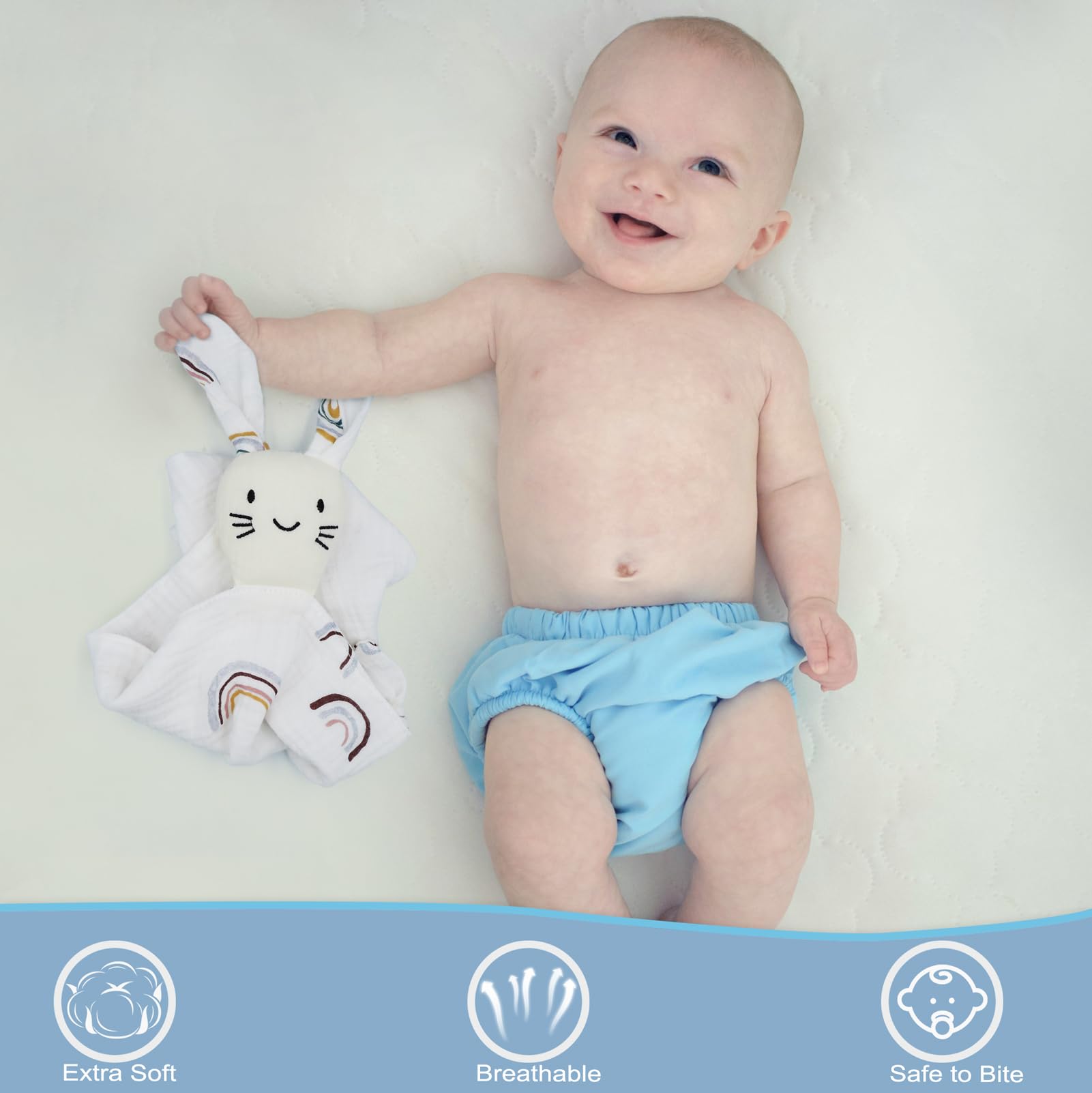 Doudou Bebe Recien Nacido, Manta de Seguridad Muselina de Algodón, Mantita de Apego Juguetes de Peluches Suaves para Dormir Niños Niñas, Dudus Cuadrado Regalo Bebes 0 Meses (Conejito Blanco)