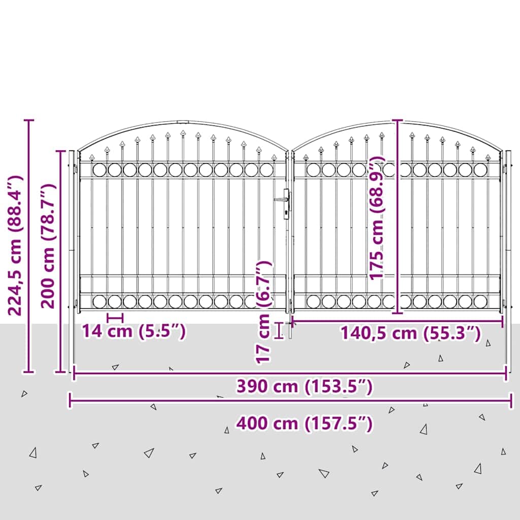 Bramka ogrodzeniowa ASSEN podwójne drzwi stalowe z łukowym zakończeniem, 400 x 175 cm, ocynkowana, zamykana, do ogrodu, na podwórko, taras, wytrzymała, bezpieczna, trwała, eleganckie wejście