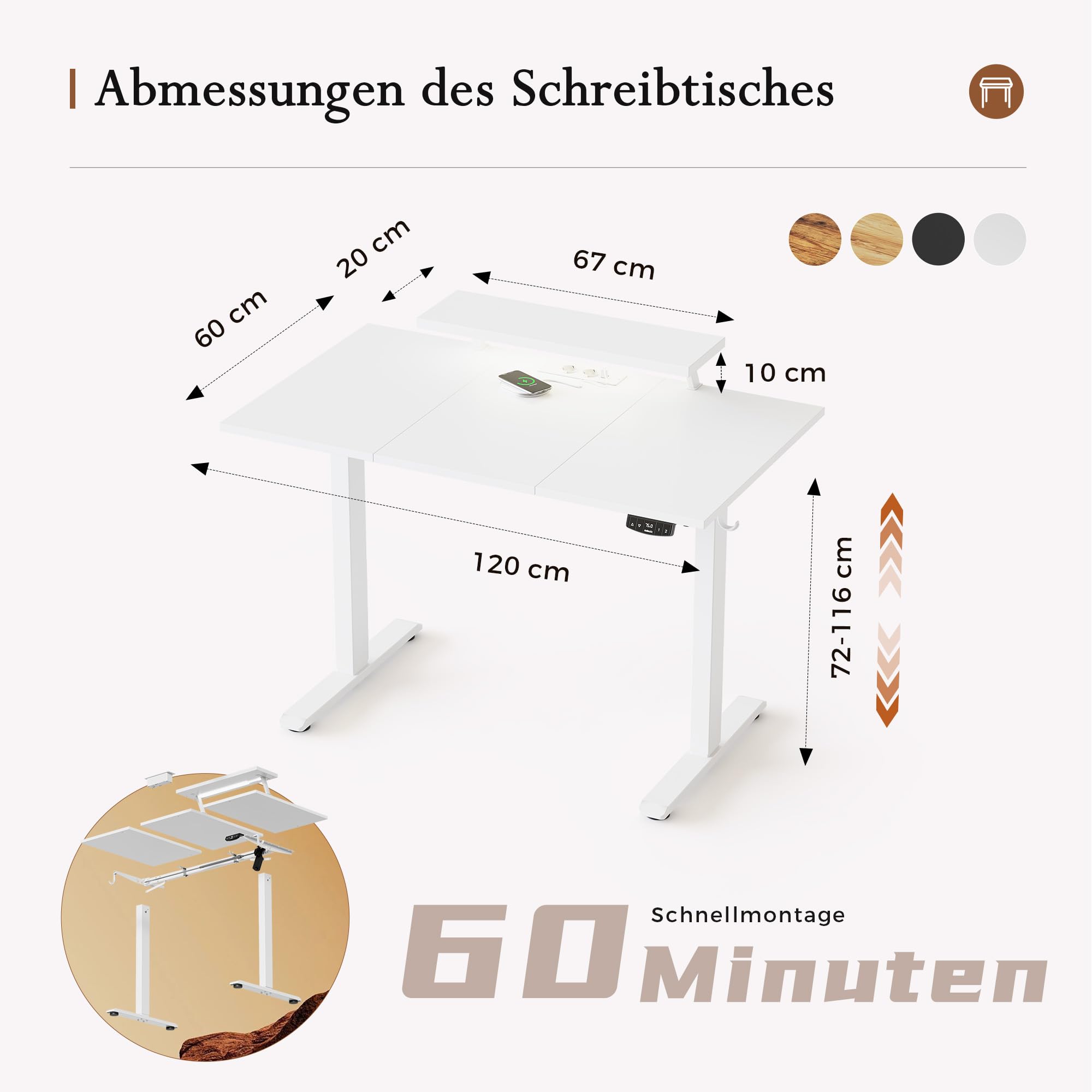 Klicelor Höhenverstellbarer Schreibtisch mit verstellbarem Monitorständer | Schreibtisch elektrisch 120 x 60 cm mit LED-Beleuchtung, USB-Steckdose, 2 Speicherplätzen, Homeoffice, Weiß
