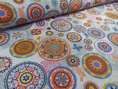 RIVERO TEJIDOS. Loneta estampado mandala naranja. Metraje 2,45m x 2,80m. Ideal para la confección de cortinas, manteles.