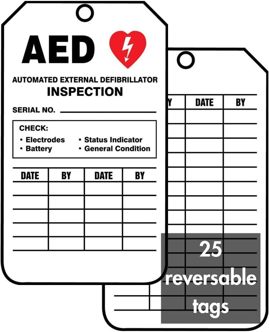 "AED AUTOMATED External DEFIBRILLATOR Inspection" Pack of 25 PF-Cardstock Inspection Record Tags, 5.75" x 3.25", Red/Black on White, TRS345CTP