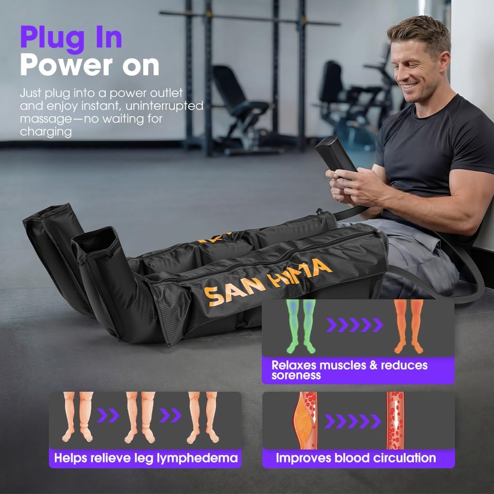 SAN HIMA Air Compression Leg Massager - Sequential Full Leg Compression Boots for Circulation & Pain Relief | 6 Modes 6 Intensity Recovery Boots for Athletes - Feet, Calves & Thighs (Medium)