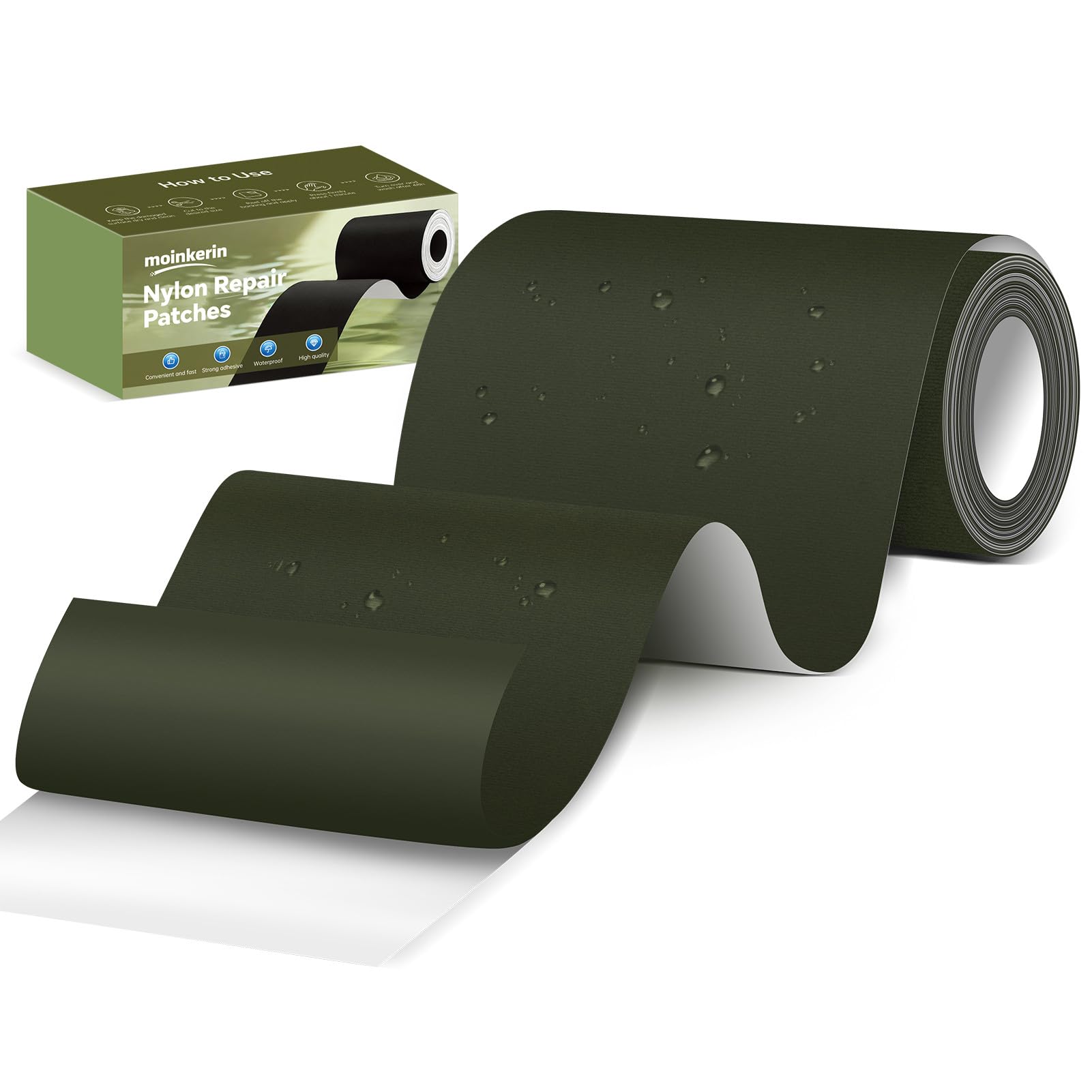 moinkerin Nylon Repair Patch Self Adhesive 7.6x200cm | Waterproof Fabric Repair Tape for Tent, Down Jacket, Backpack, Sleeping Bag, Outdoor Camping Gear